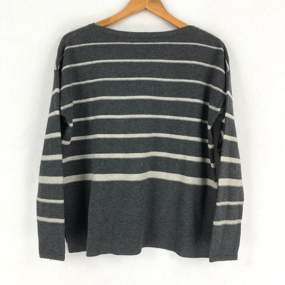 C&C California Women's Size Medium Grey White Striped Merino Wool Blend Sweater - Picture 2 of 7